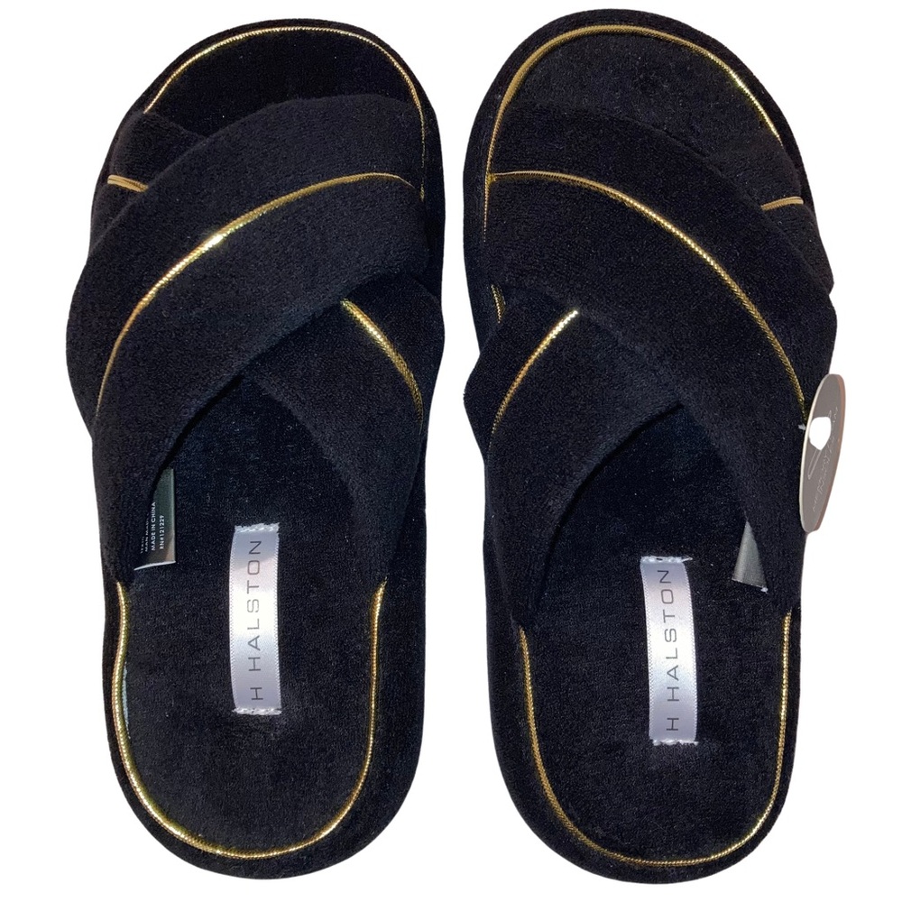 H Halston Black Gold Memory Foam Slippers Art Deco Comfy Womens Slides Small 6/7